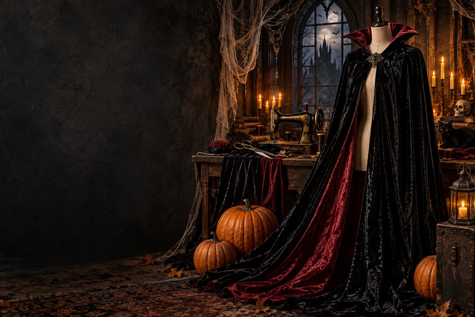 Halloween sewing workshop with a velvet cape, pumpkins and candlelight.