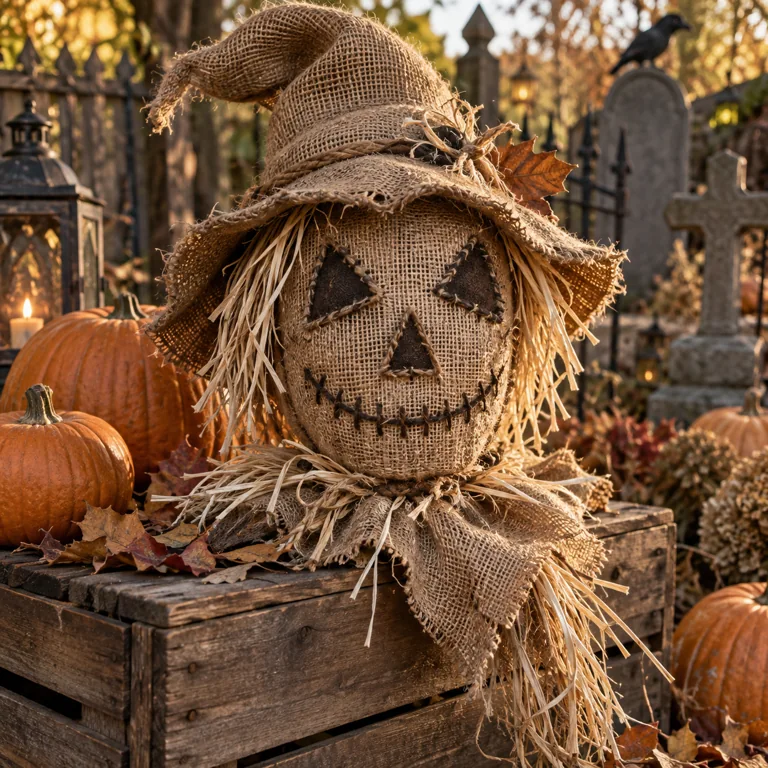 Project inspiration: a hessian scarecrow head beside pumpkins.