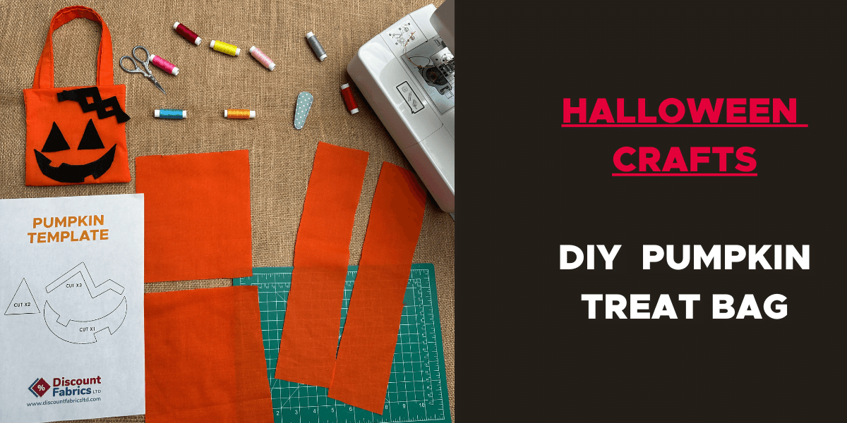 An image showing materials for a DIY pumpkin treat bag project. Items include fabric pieces, a sewing machine, spools of thread, scissors, a seam ripper, and a cut-out pumpkin template. The text reads: "Halloween Crafts" and "DIY Pumpkin Treat Bag.