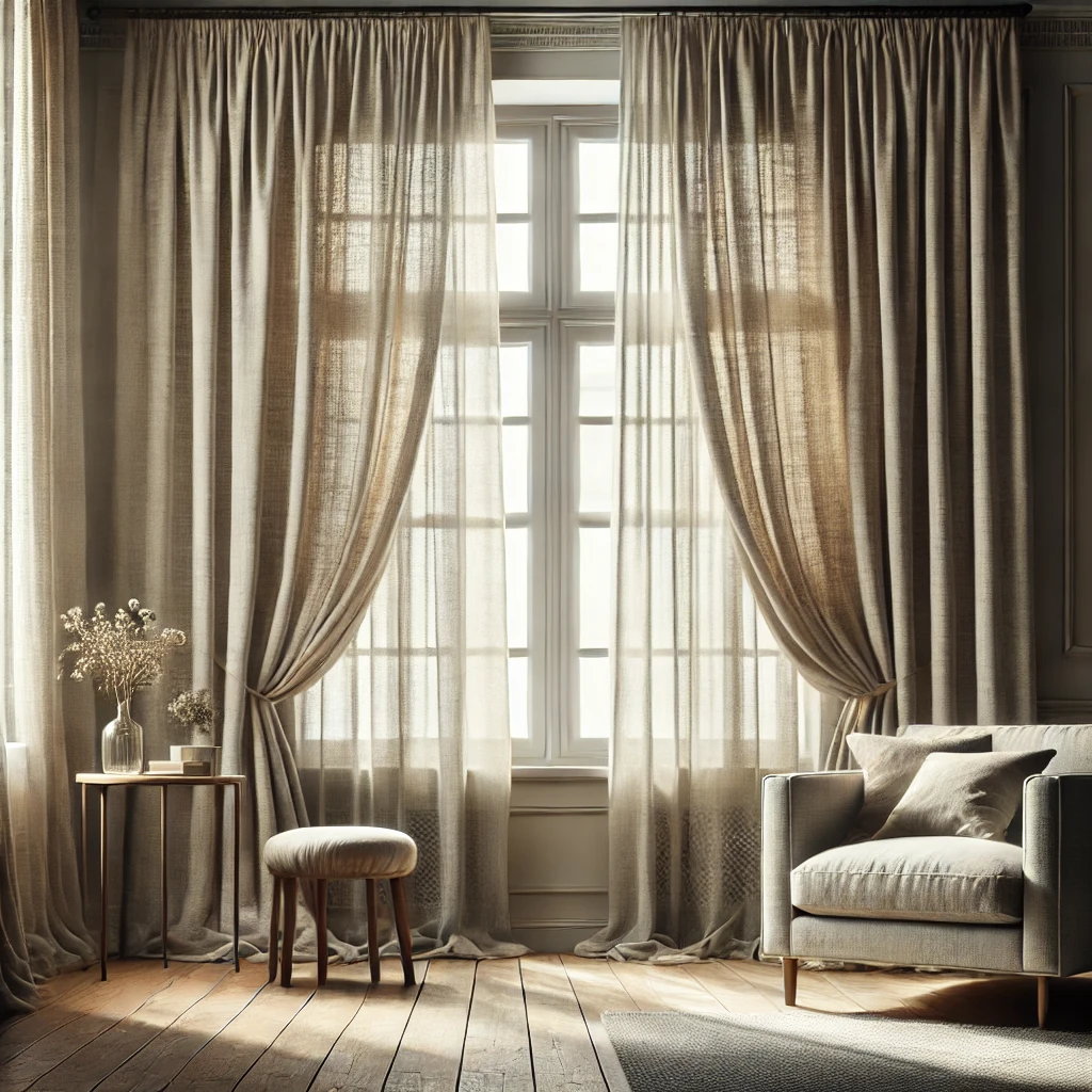 A cozy room features sheer beige curtains softly draped over large windows, letting sunlight illuminate a small table with dried flowers, a round stool, and an armchair on a wooden floor.