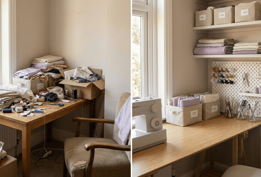 A side-by-side comparison of a sewing workspace: the left side is cluttered with fabric, boxes, and supplies; the right side is tidy, with organized shelves, labeled bins, a sewing machine, and a clean wooden desk.