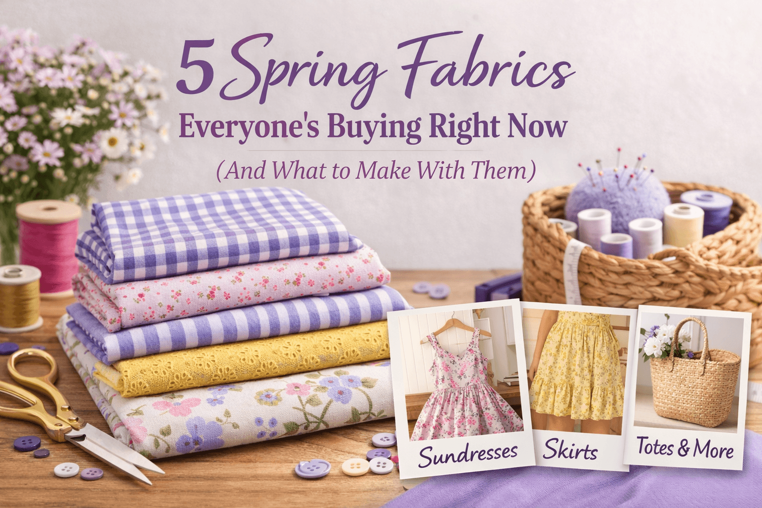 Neatly folded spring fabrics in pastel patterns sit on a table with scissors, thread, and flowers. Text reads: "5 Spring Fabrics Everyone's Buying Right Now." Polaroids show a dress, skirt, and tote bag.