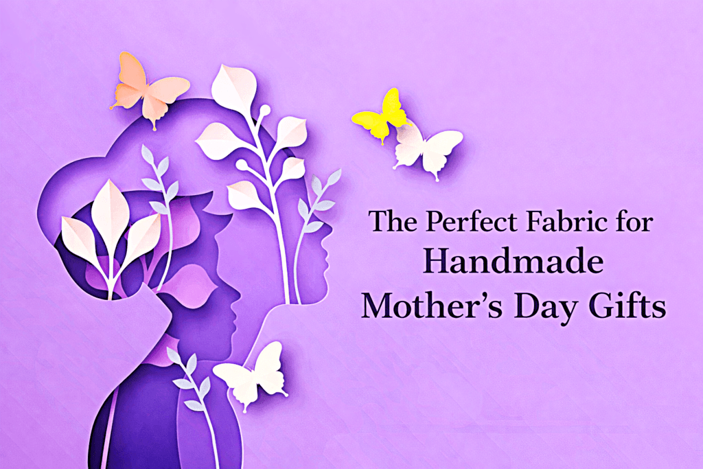 Paper art silhouette of a woman and child with leaves and butterflies on a purple background. Text reads, “The Perfect Fabric for Handmade Mother’s Day Gifts.”.