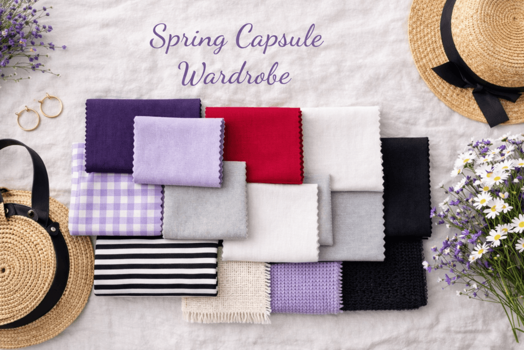 Neatly arranged fabric swatches in purple, red, black, white, and gray, with spring accessories including straw hats, a round bag, gold hoop earrings, and fresh flowers. Text reads "Spring Capsule Wardrobe.