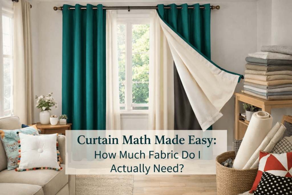 A bright room with teal and white curtains pulled aside to show fabric layers. Text overlay reads: “Curtain Math Made Easy: How Much Fabric Do I Actually Need?” Folded fabrics and a sewing machine are nearby.