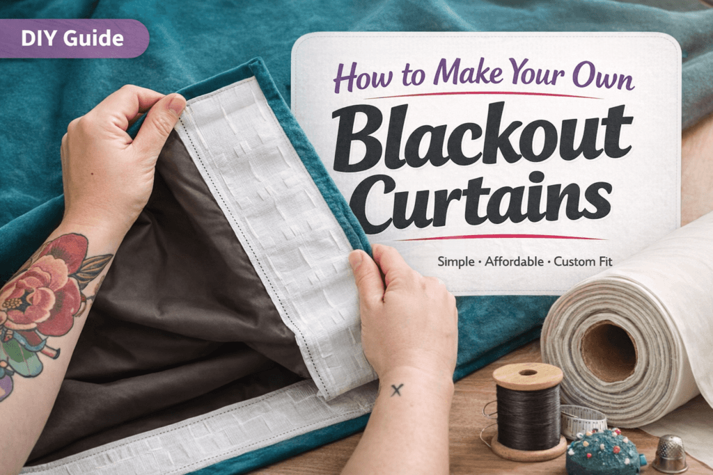 A person with a floral tattoo pins fabric for blackout curtains. Sewing supplies and a roll of fabric are on the table. Text reads: "How to Make Your Own Blackout Curtains - Simple • Affordable • Custom Fit. DIY Guide.