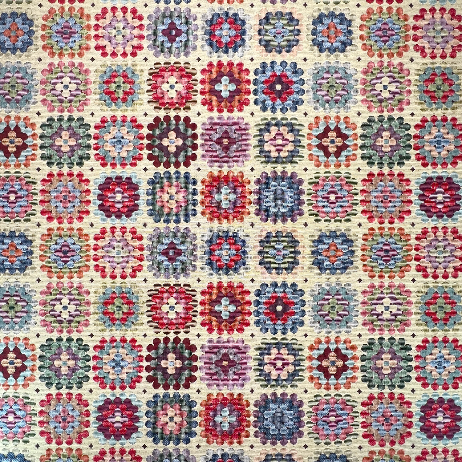 3010.jpg Crochet Multi Tapestry Fabric – New World Tapestry Retro Granny Square Upholstery (360 GSM / 140cm Wide) - Image 1
